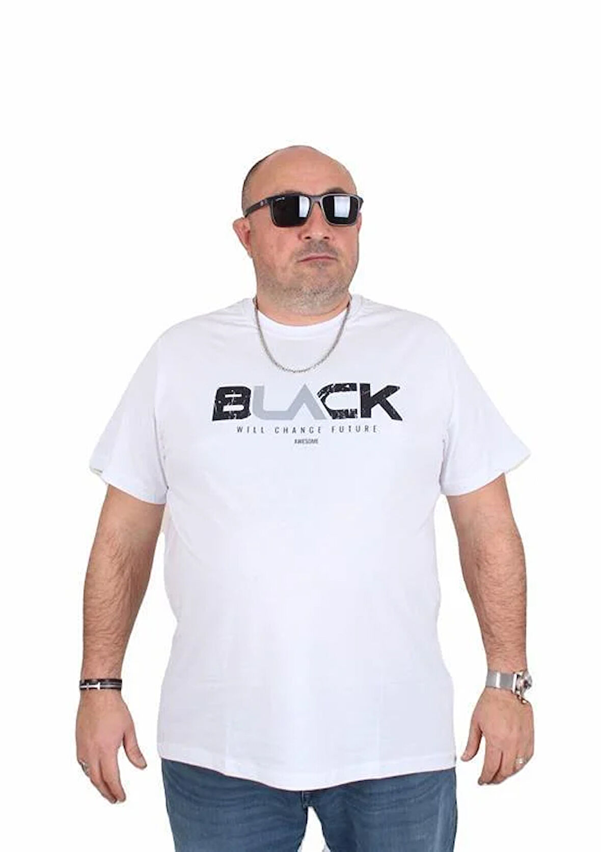 Starbattal Erkek Büyük Beden Sıfır Yaka Tişört Black 25176 BEYAZ