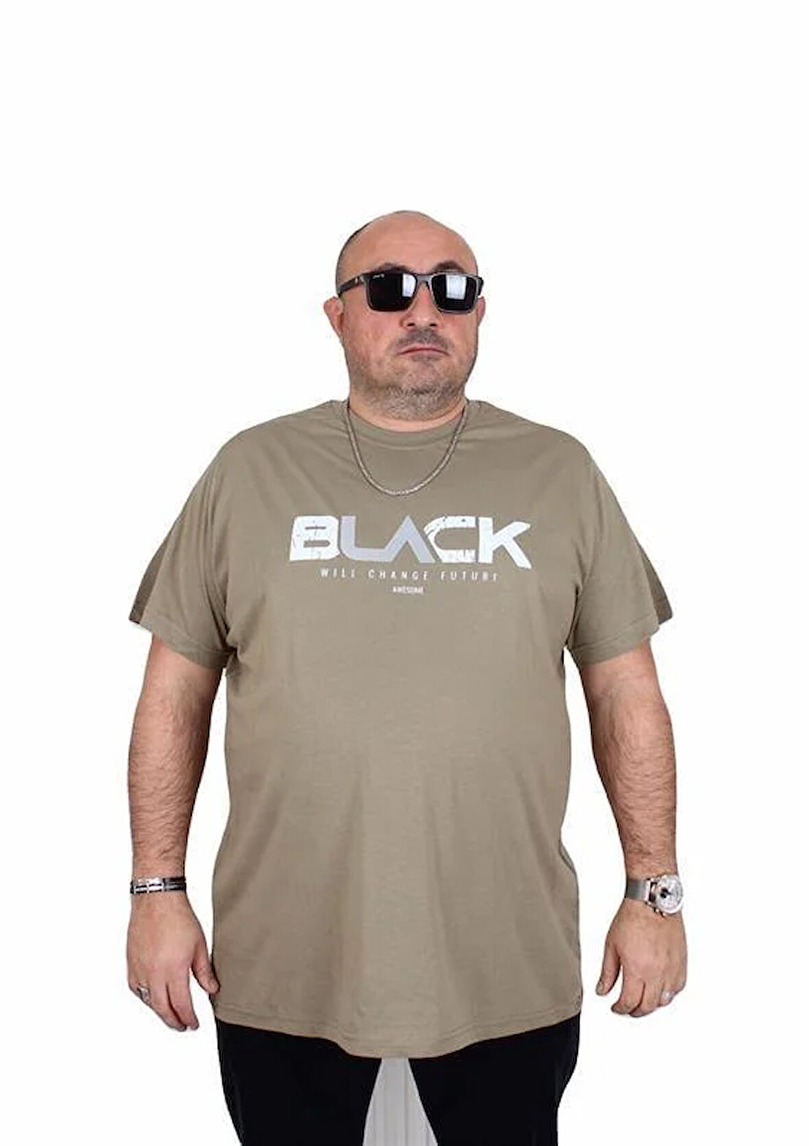 Starbattal Erkek Büyük Beden Sıfır Yaka Tişört Black 25176 HAKI