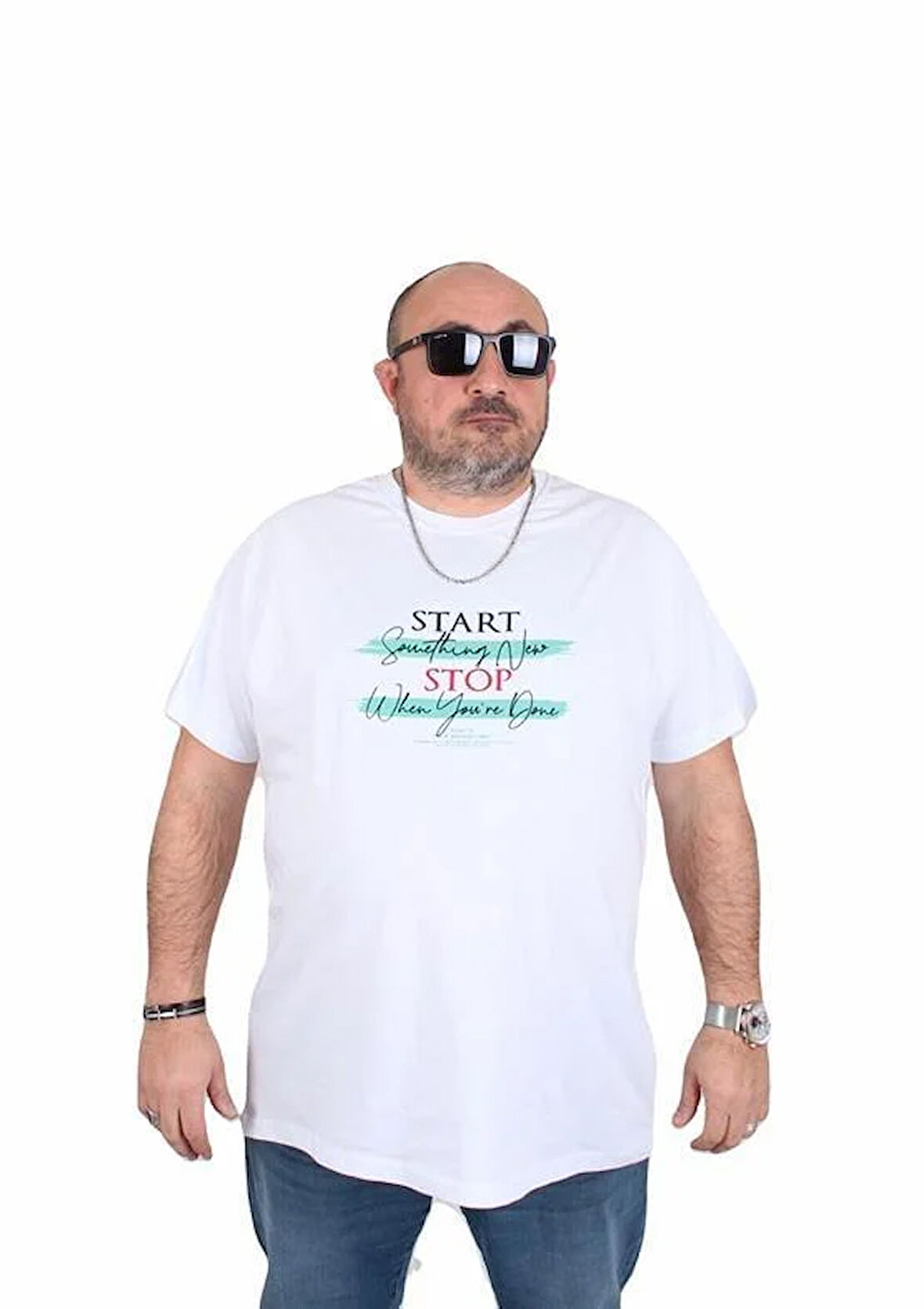 Starbattal Erkek Büyük Beden Sıfır Yaka Tişört Start Stop 25178 BEYAZ