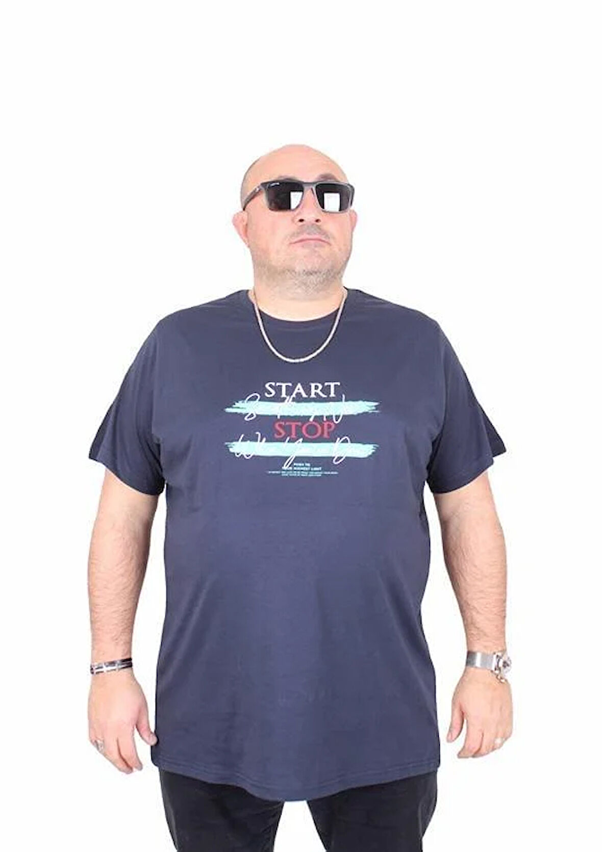 Starbattal Erkek Büyük Beden Sıfır Yaka Tişört Start Stop 25178 LACIVERT