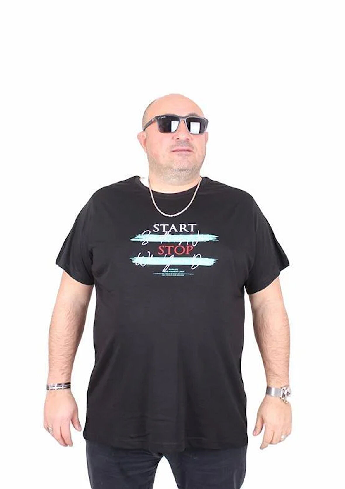 Starbattal Erkek Büyük Beden Sıfır Yaka Tişört Start Stop 25178 SIYAH