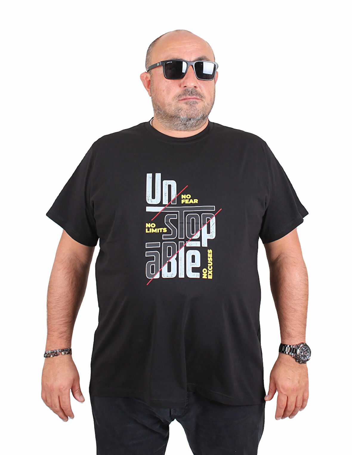 Starbattal Erkek Büyük Beden Sıfır Yaka Tişört Un Stop Able 25181 SIYAH