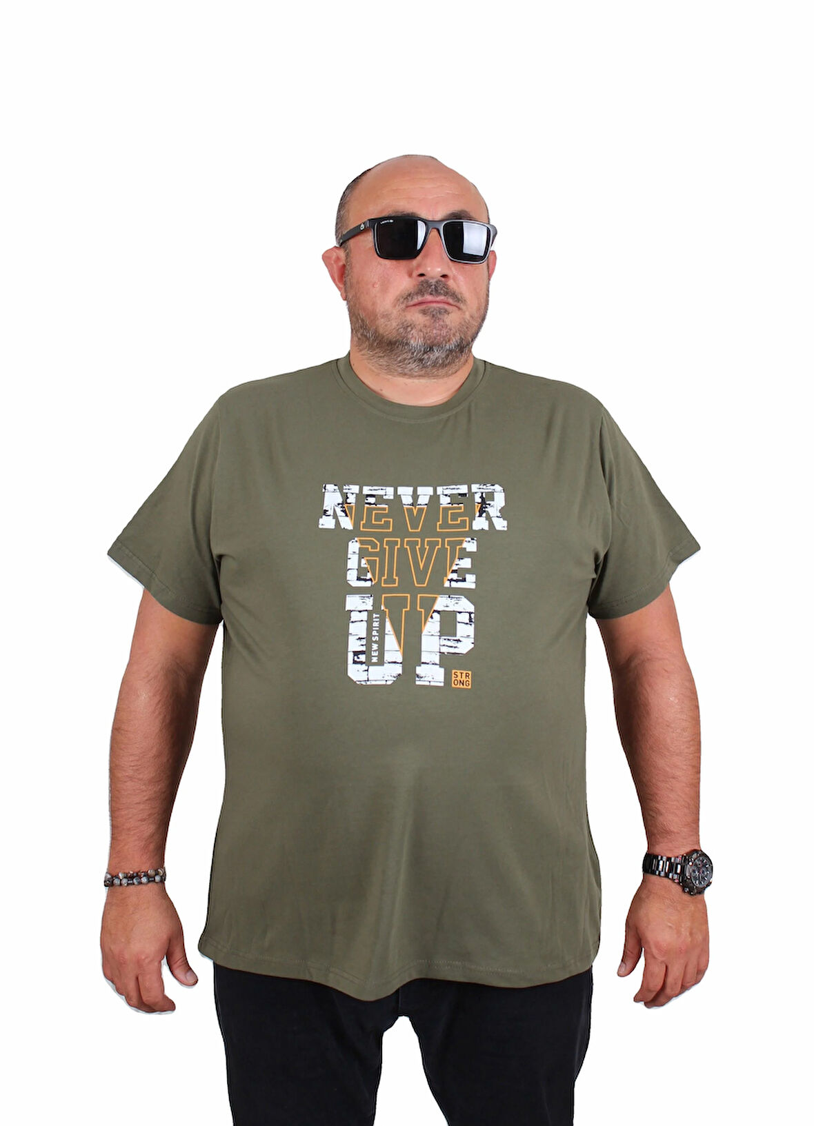 Starbattal Erkek Büyük Beden Sıfır Yaka Tişört Never Give Up 25182 HAKI