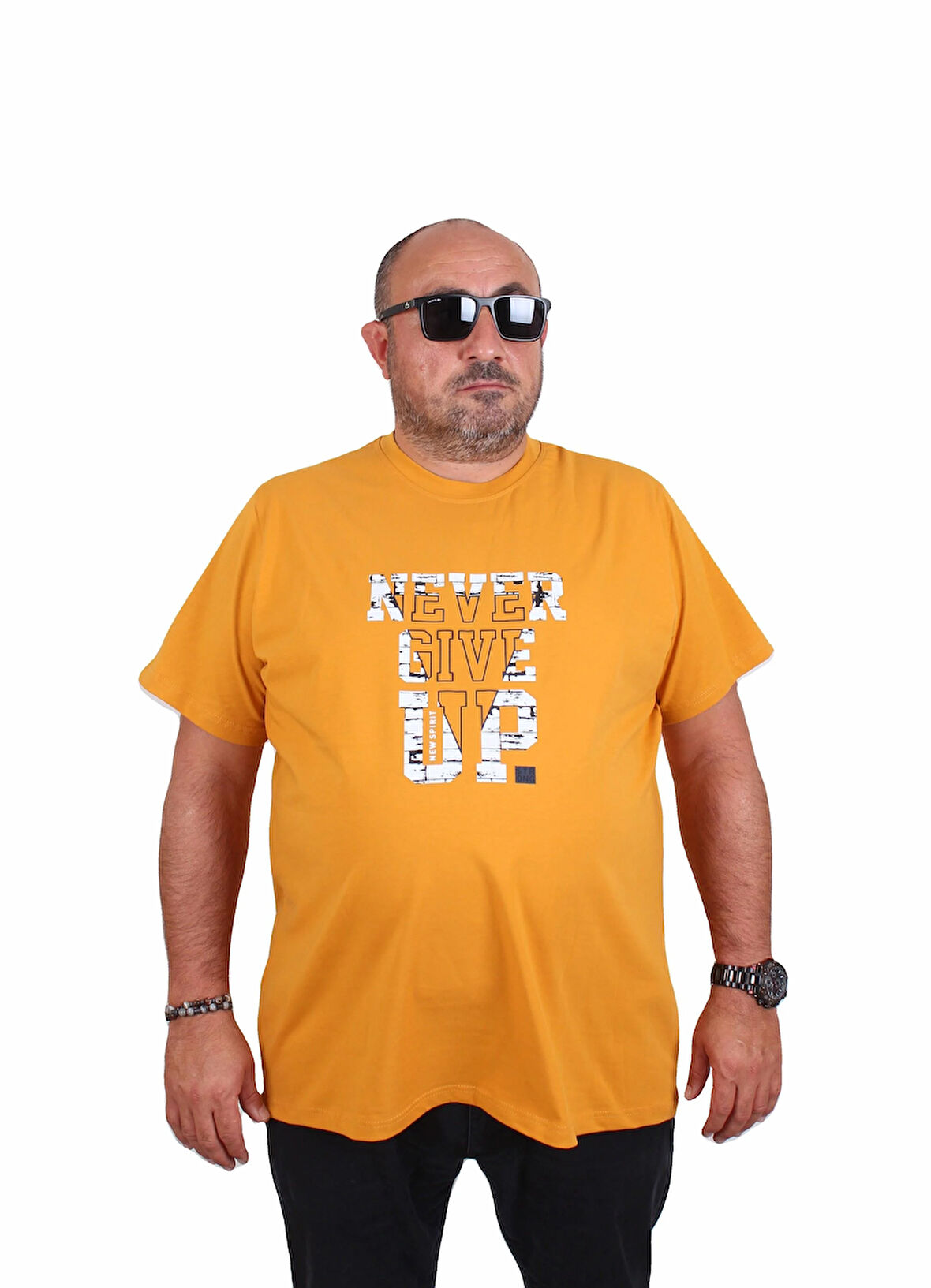 Starbattal Erkek Büyük Beden Sıfır Yaka Tişört Never Give Up 25182 HARDAL