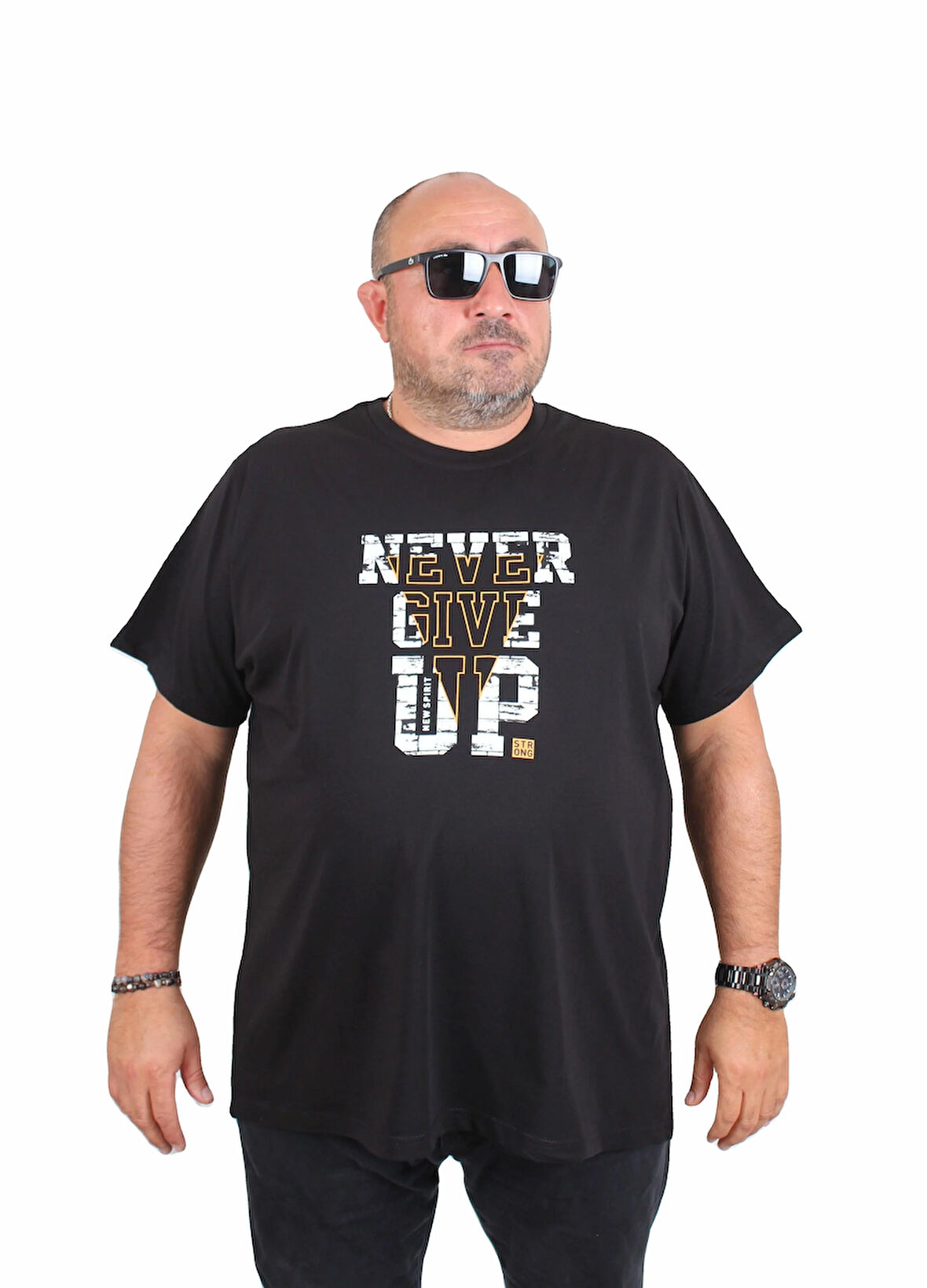 Starbattal Erkek Büyük Beden Sıfır Yaka Tişört Never Give Up 25182 SIYAH