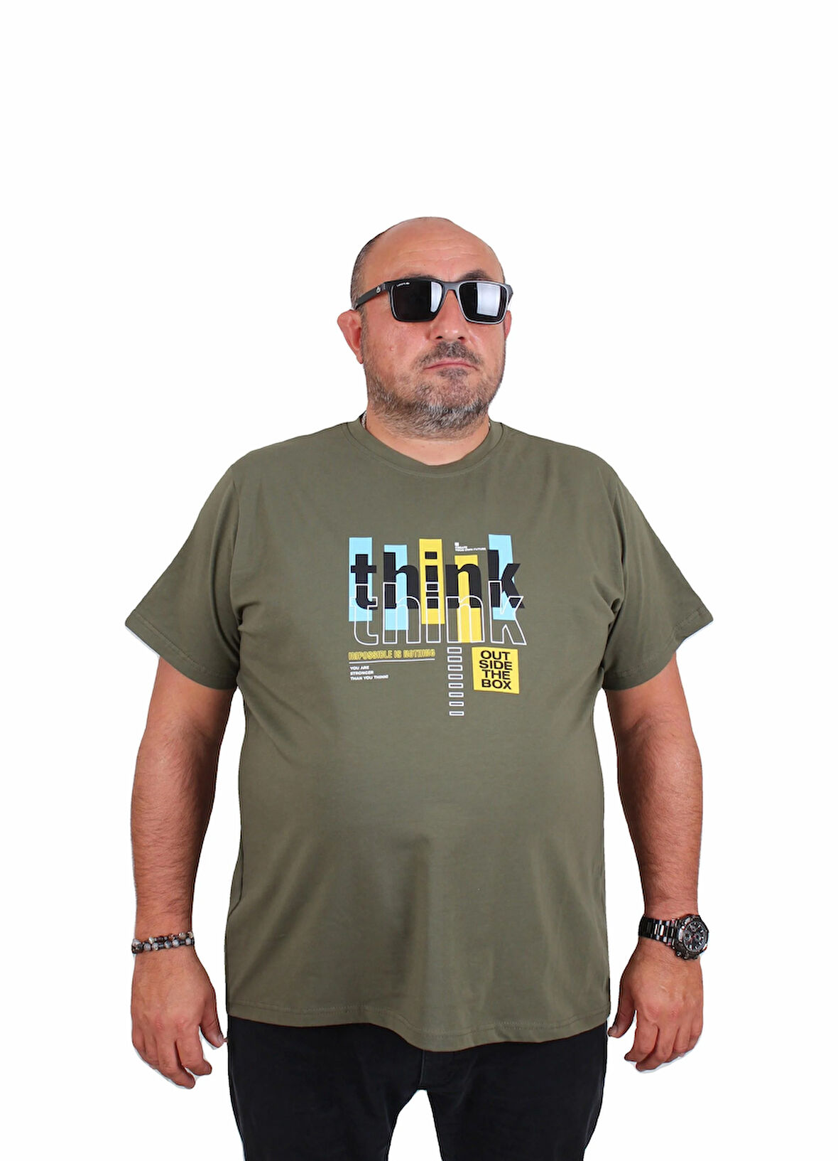 Starbattal Erkek Büyük Beden Sıfır Yaka Tişört Think 25184 HAKI