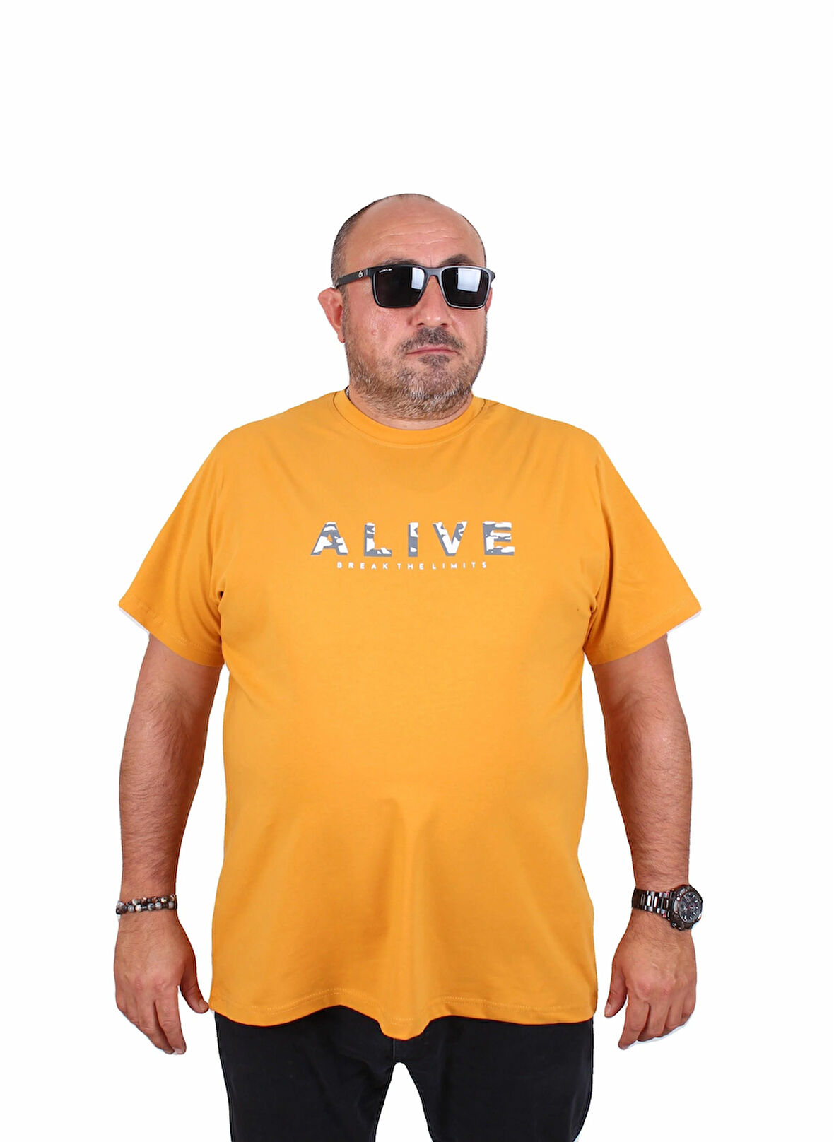 Starbattal Erkek Büyük Beden Sıfır Yaka Tişört Alive 25187 HARDAL