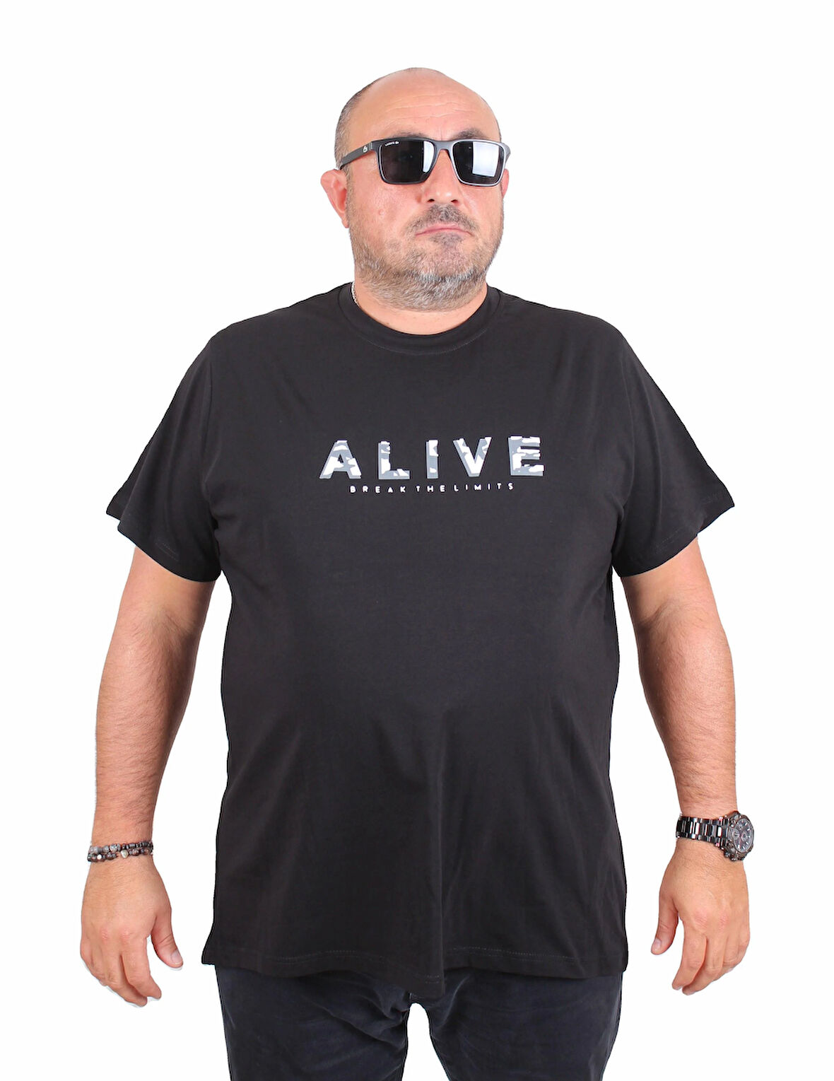 Starbattal Erkek Büyük Beden Sıfır Yaka Tişört Alive 25187 SIYAH