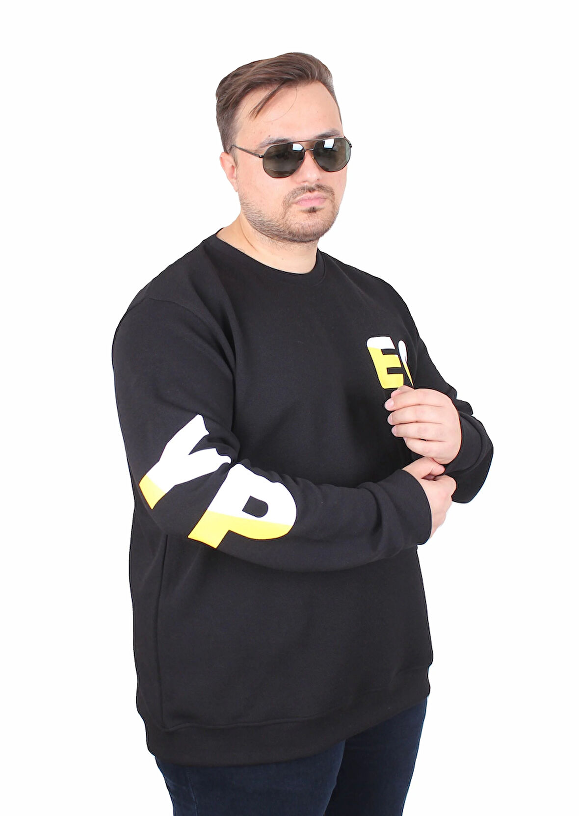 Starbattal Büyük Beden Bisiklet Yaka Sweat Double Face Pike EO 25703 SIYAH