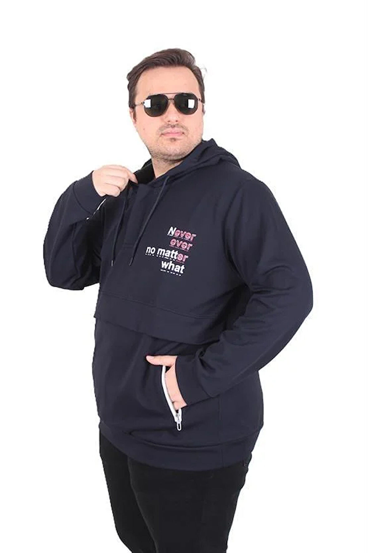 Starbattal Büyük Beden Kapüşonlu Sweat Double Face Never 25706 LACIVERT