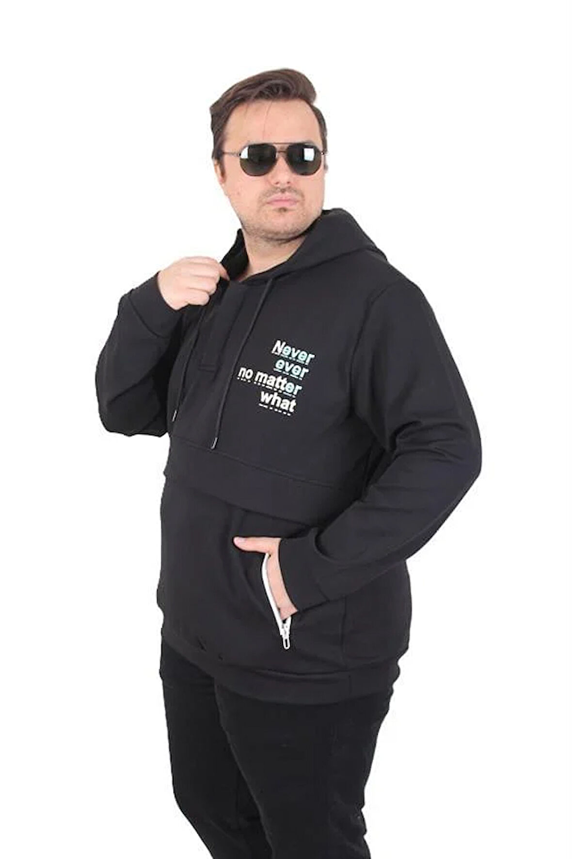 Starbattal Büyük Beden Kapüşonlu Sweat Double Face Never 25706 SIYAH