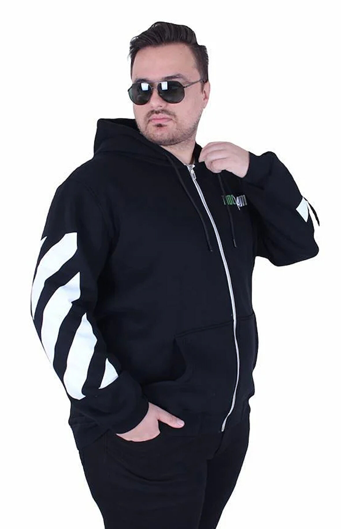 Starbattal Büyük Beden Kapüşonlu Fermuarlı 3ip Sweat MG 25718 SIYAH