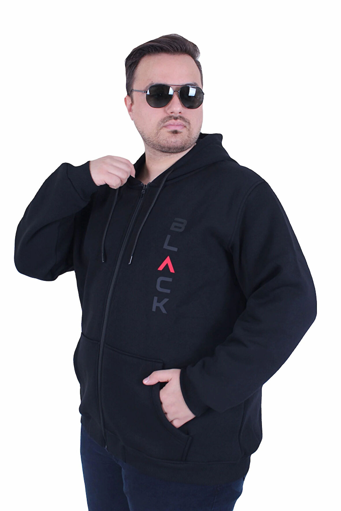 Starbattal Büyük Beden Kapüşonlu Fermuarlı 3ip Sweat Black 25716 SIYAH