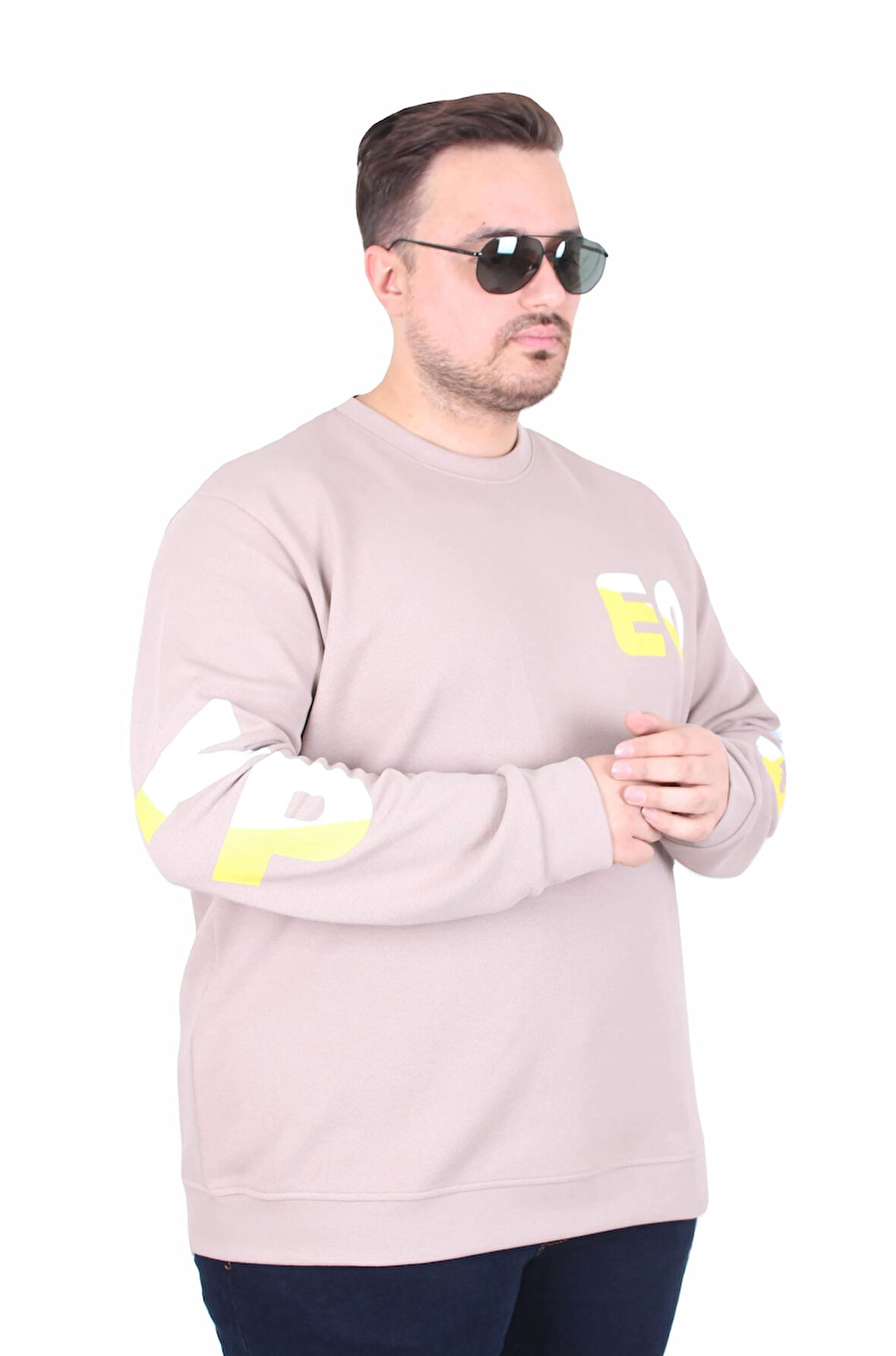 Starbattal Büyük Beden Bisiklet Yaka Sweat Double Face Pike EO 25703 BEJ