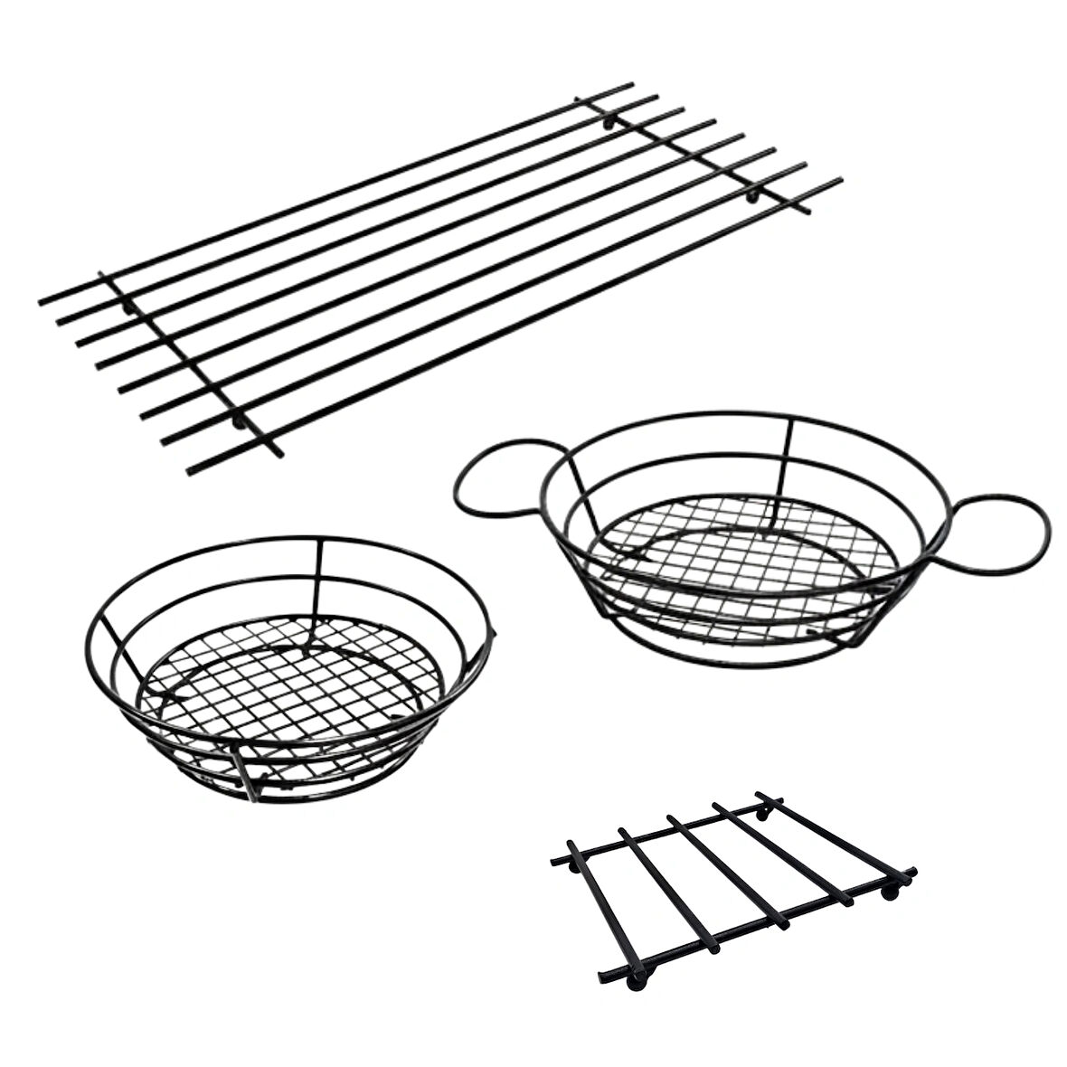 4’LÜ METAL SUNUM VE NİHALE SETİ – BÜYÜK NİHALE, SOSLUKLU  SUNUMLUK, EKMEK-MEYVE SEPETİ, KÜÇÜK NİHALE