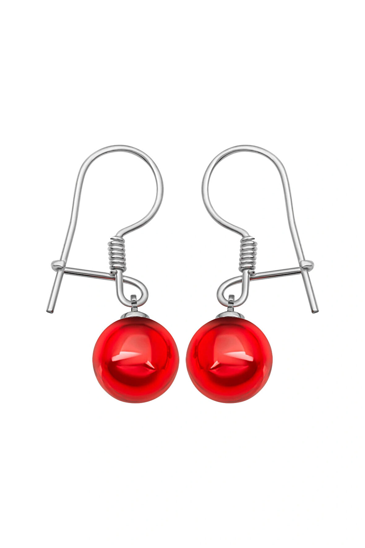 925 Ayar Gümüş Kancalı Küpe | 10 mm Kırmızı Zirkon Taşlı Küpe | BymissMücevherat