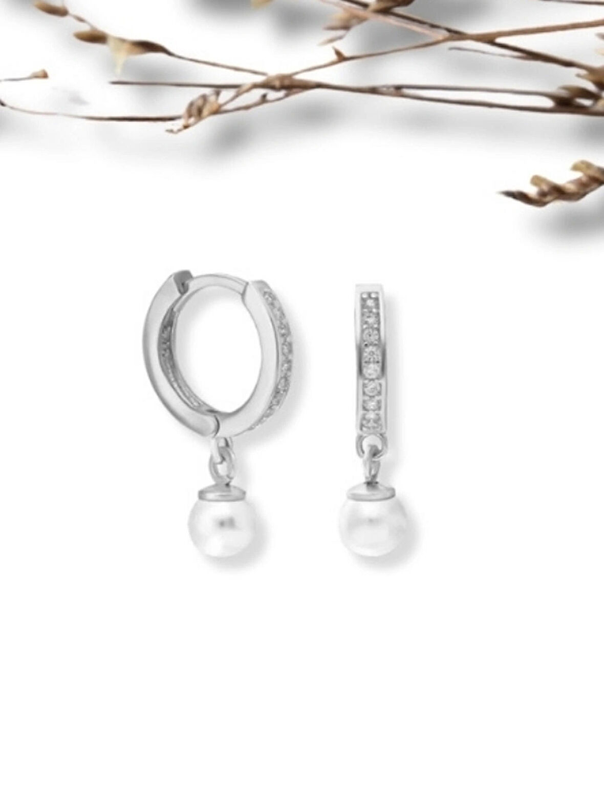 925 Ayar Gümüş Zirkon Taşlı İncili Halka Küpe