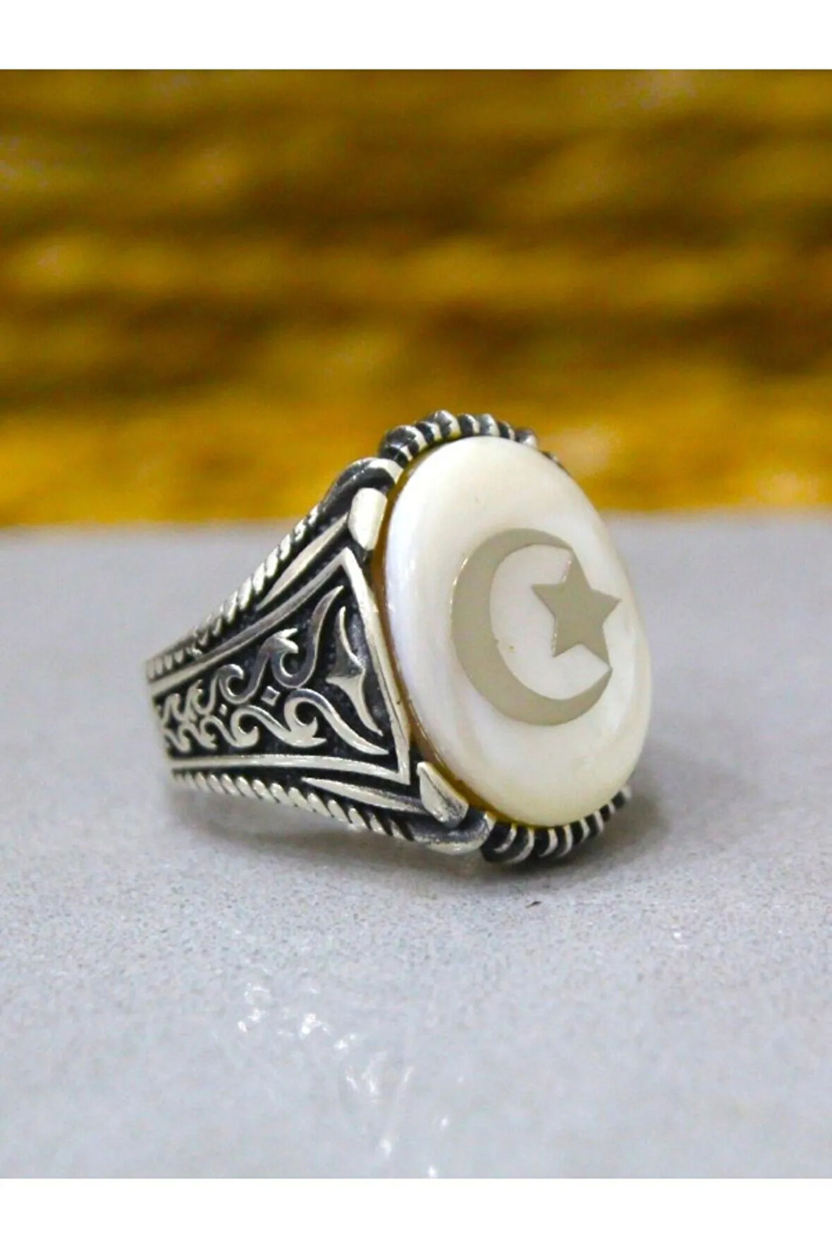 925 Ayar Gümüş Sedef Taş Ayyıldız Erkek Yüzük