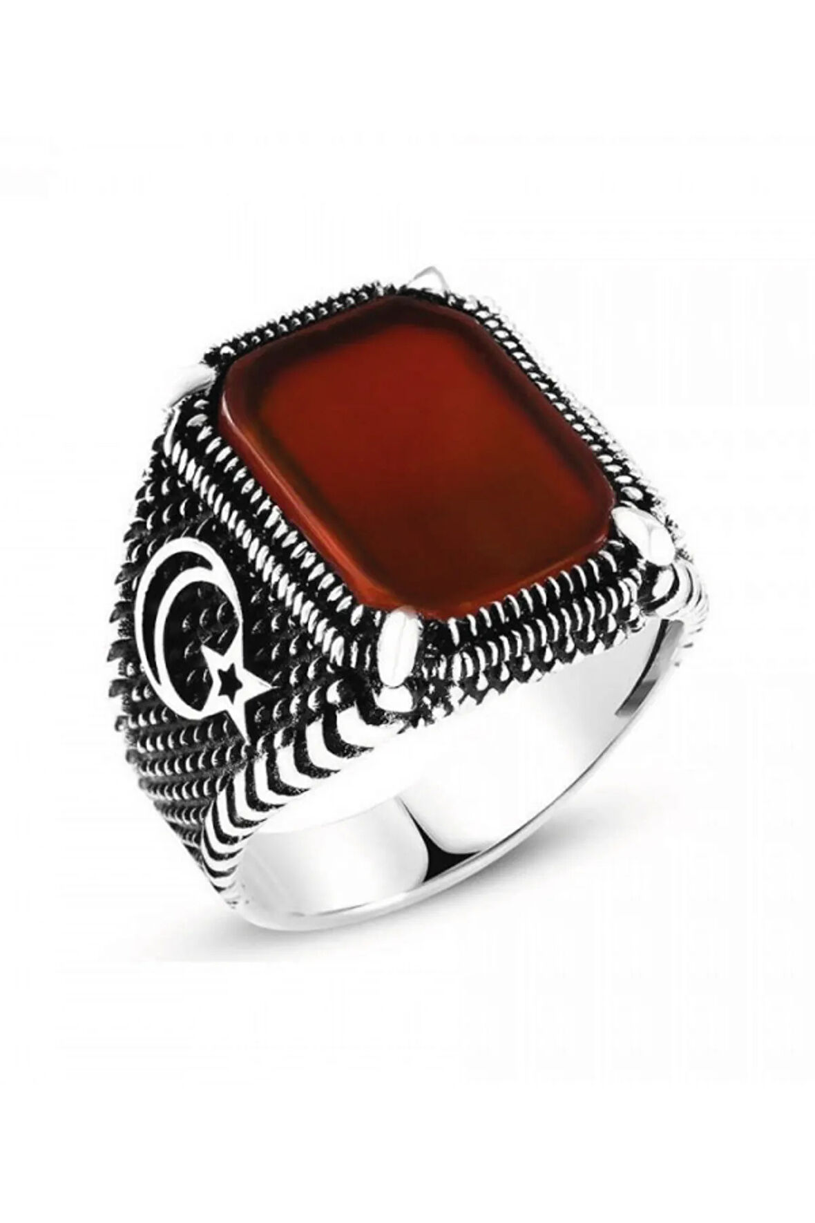 925 Ayar Gümüş Pençe Model Ayyıldız Işleme Akik Taşlı Yüzük