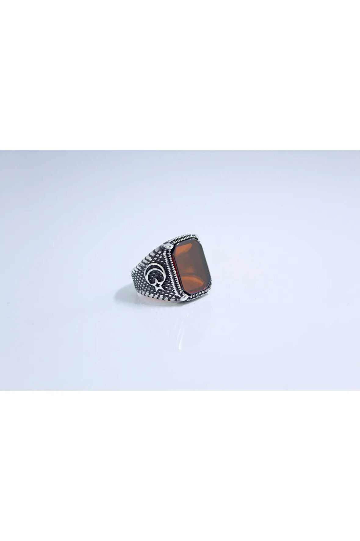 925 Ayar Gümüş Ay Yıldız Desenli Kare Kırmızı Zirkon Taşlı Erkek Yüzük