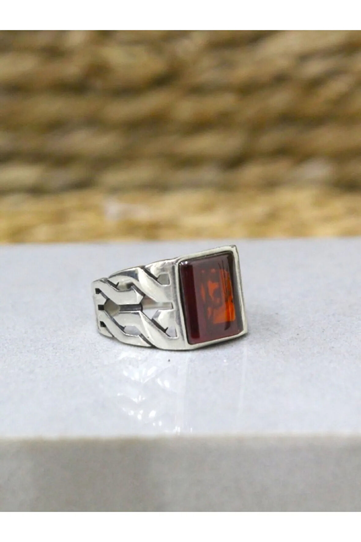 925 Ayar Gümüş Örgü Model Bombeli Kırmızı Zirkon Taşlı Yüzük