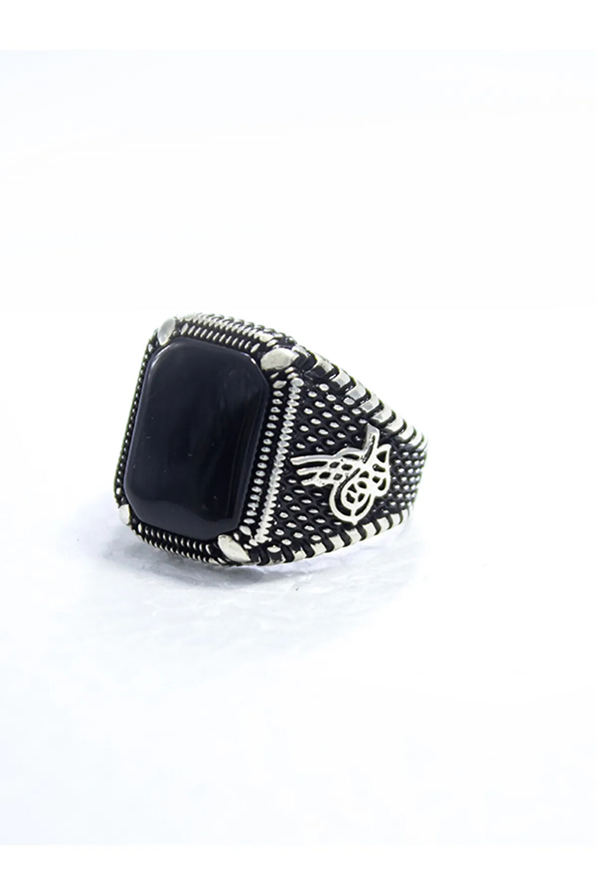 925 Ayar Gümüş Pençe Model Tuğra Desenli Kare Oniks Taşlı Erkek Yüzük
