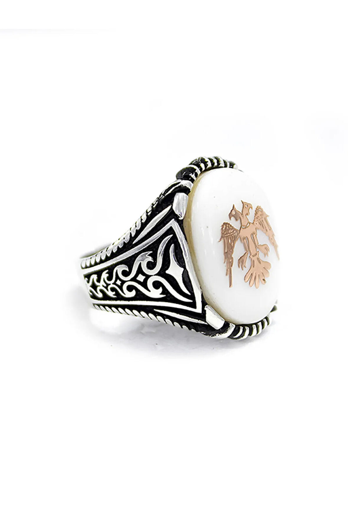 925 Ayar Gümüş Sedef Taş Çift Başlı Kartal Işleme Yüzük