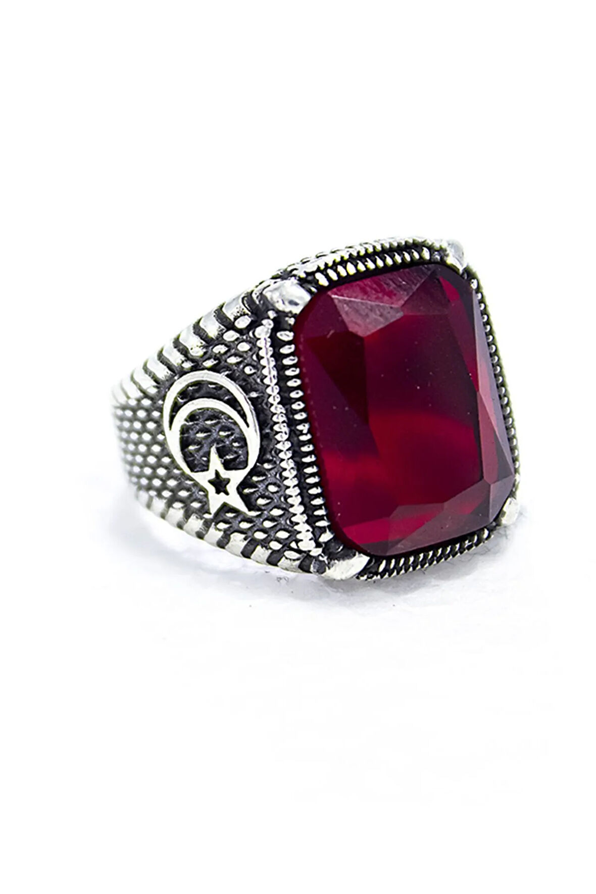 925 Ayar Gümüş Ayyıldız Desenli Yakut Renkli Erkek Yüzük