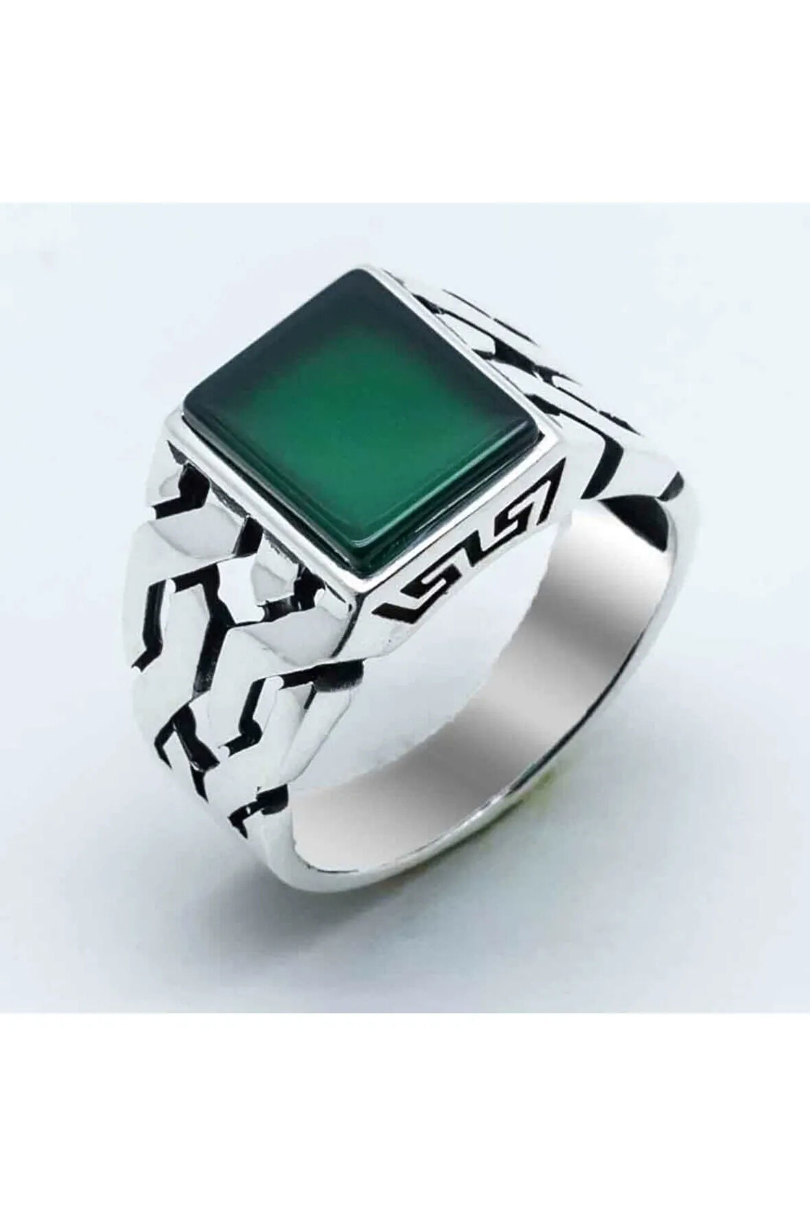 925 Ayar Gümüş Örgü Model Yeşil Akik Taşlı Yüzük