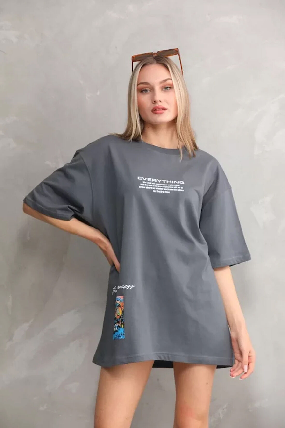 stilaura Unisex Bisiklet Yaka Baskılı Oversize T-Shirt - Gri