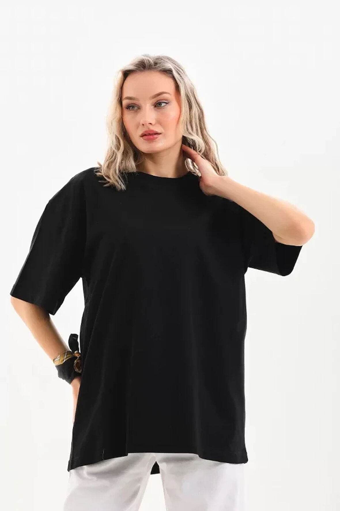 stilaura Unisex Bisiklet Yaka 20/1 Düz Oversize T-Shirt - Siyah