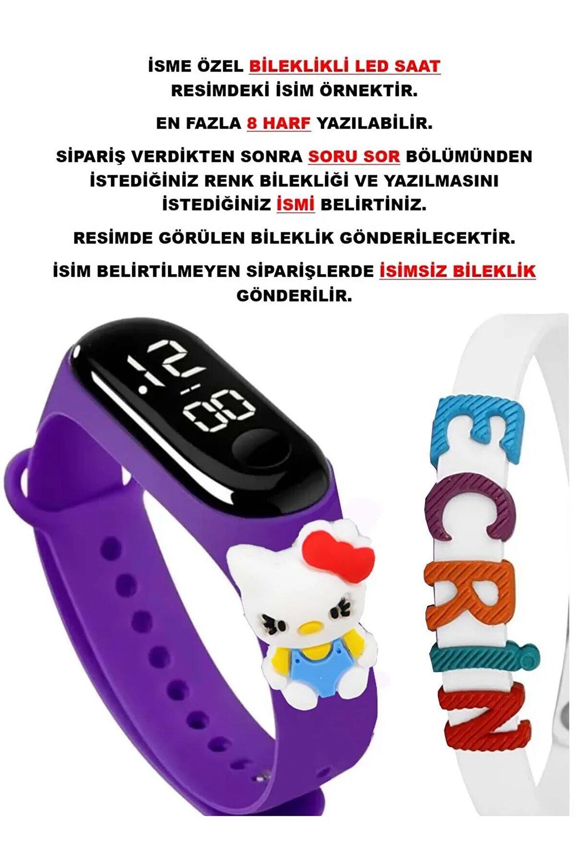 Mor Çocuk Dokunmatik Led Saat Kiti Figürlü Su Geçirmez İsimli Bileklikli STA-1120