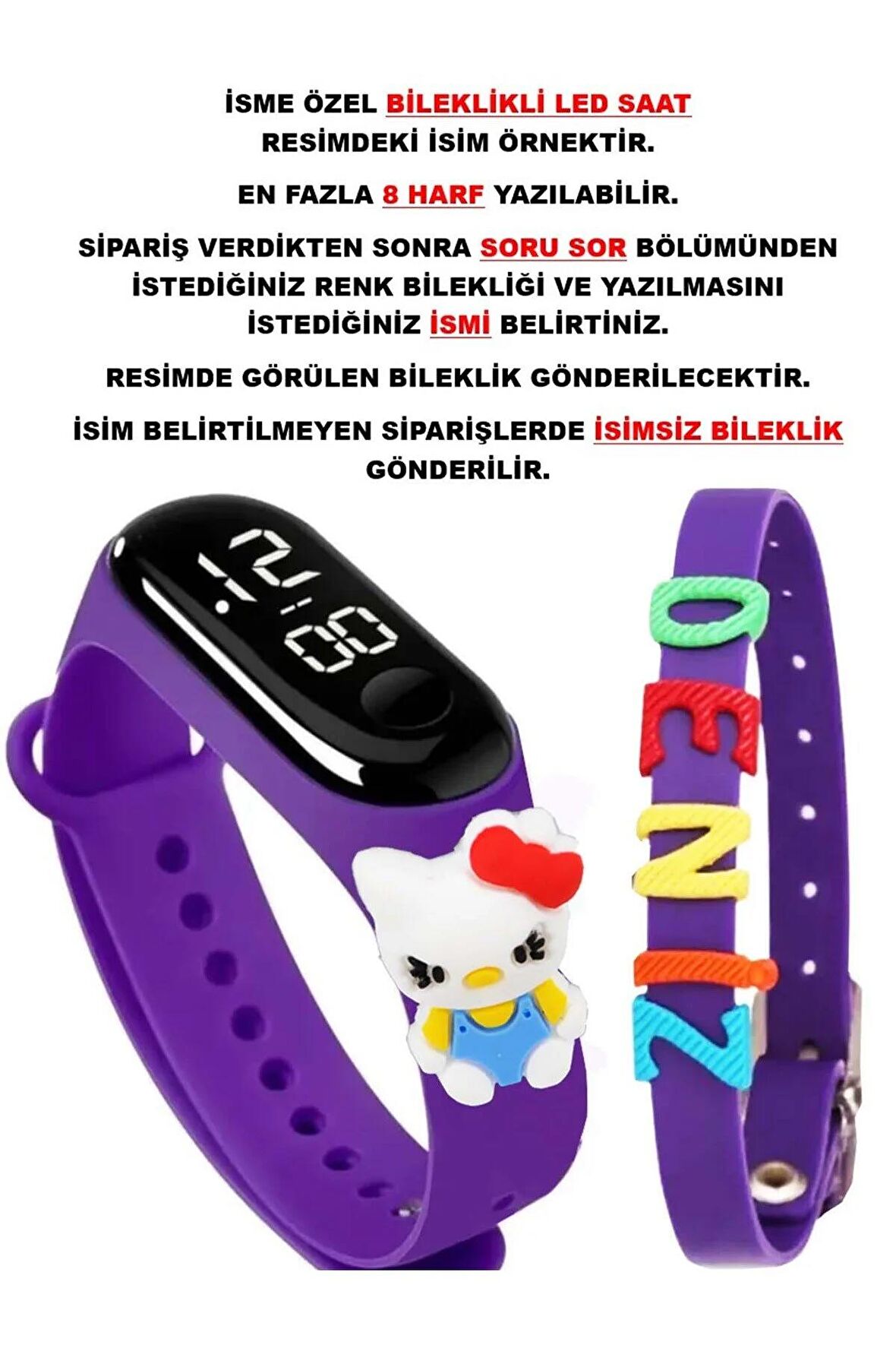 Çocuk Dokunmatik Led Saat Kiti Figürlü Su Geçirmez Mor İsimli Bileklikli STA-1123