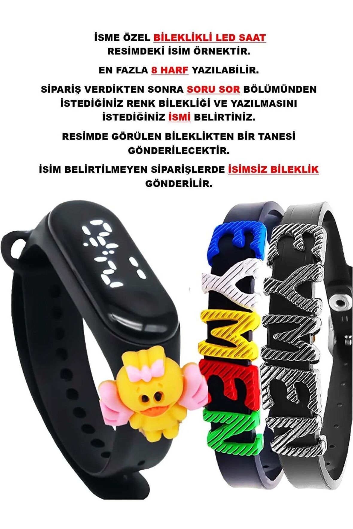 Siyah Çocuk Dokunmatik Led Saat Ördek Figürlü Su Geçirmez İsimli Bileklikli STA-1125