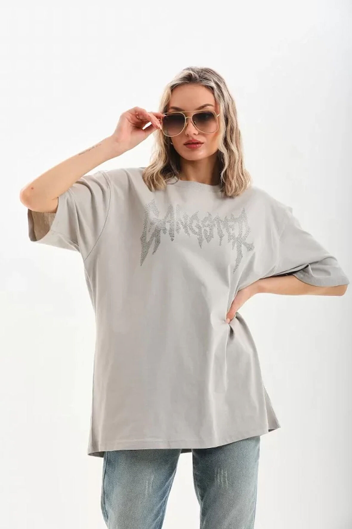 stilaura Unisex Taş Desenli Oversize T-Shirt - Gri