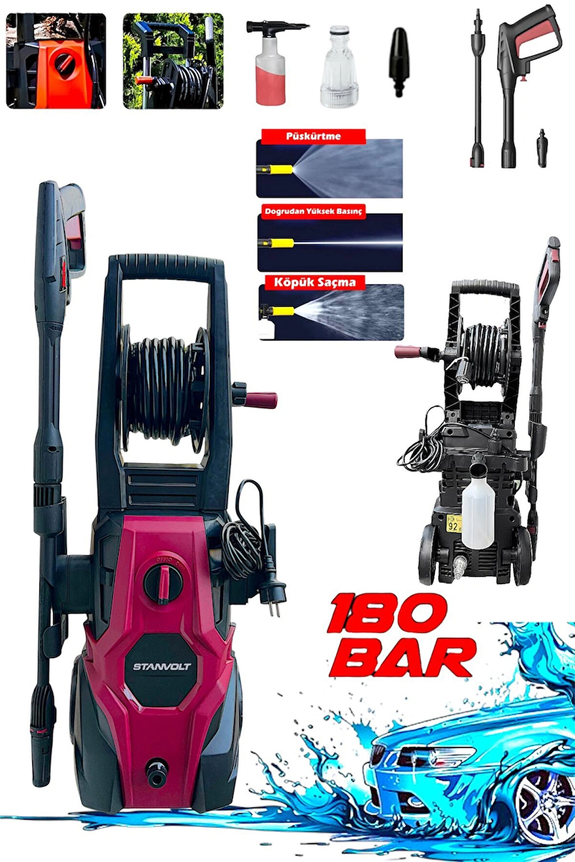 Yüksek Basınçlı Bahçe Oto Yıkama Makinesi 180 Bar Yeni Versiyon Bakır Sargı