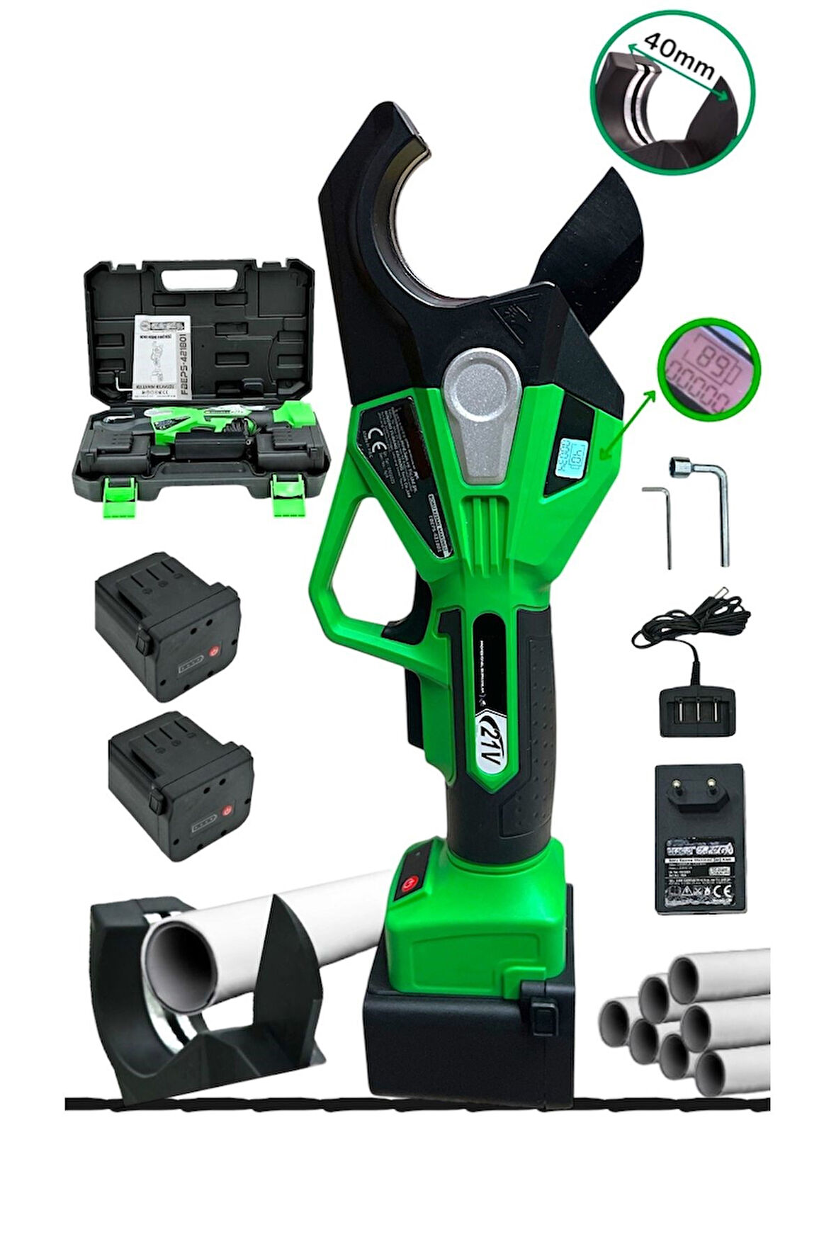 Dijital Göstergeli Şarjlı Boru Kesme Makası 40 mm Çap 21 V 2 amper Çift Akülü