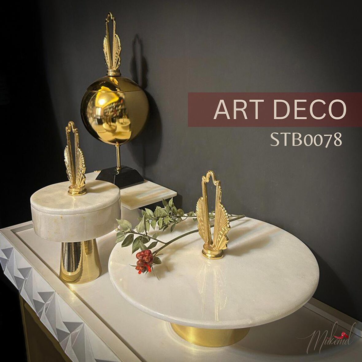 art deco 3'lü set metal & beyaz mermer Dekoratif Tabak & Kase masa Komodin Konsol Şifonyer