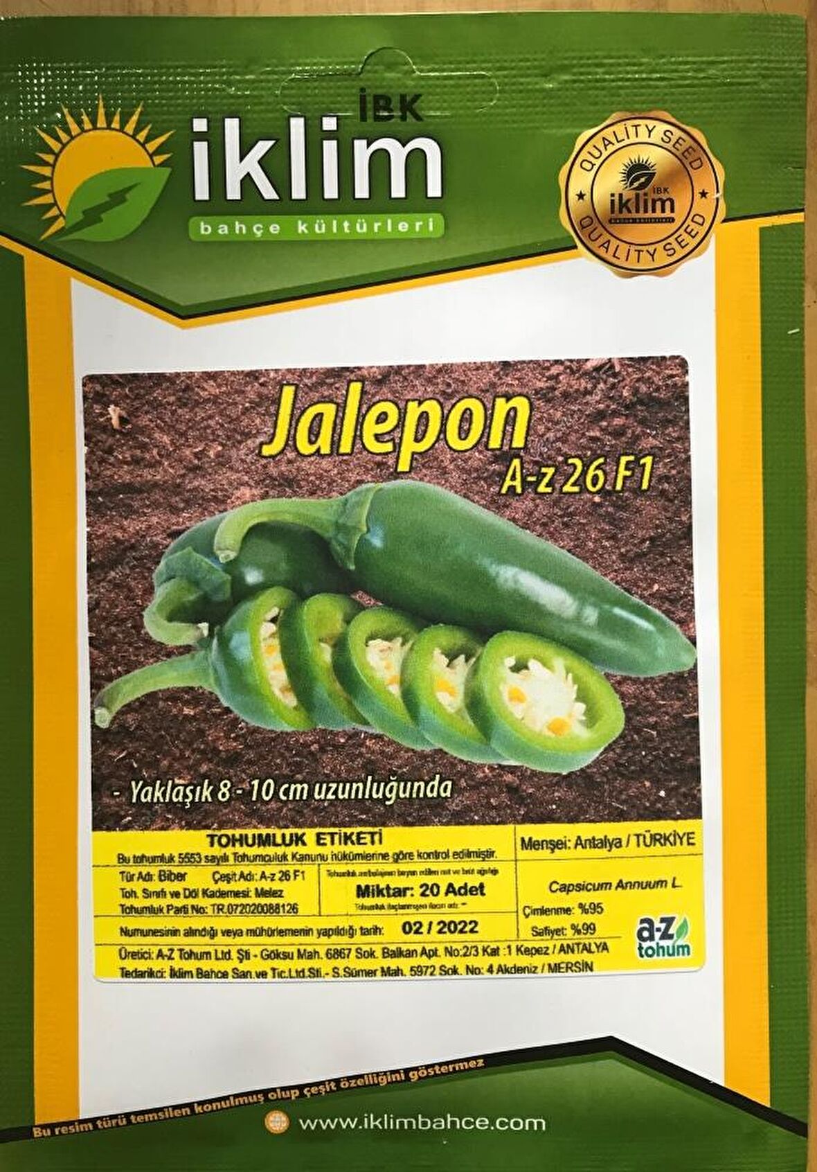 Biber Tohumu Hibrit BİBER A-Z-26 F1 JALAPEN TİPİ - 20 Adet Tohumluk