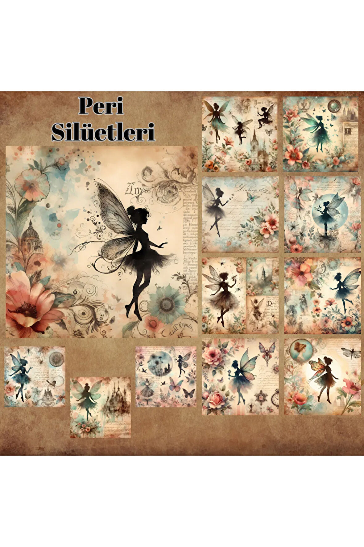 Peri Silüetleri Vintage 12 Adet Scrapbook Bullet Journal Mat Planlayıcı Sticker Etiket Seti