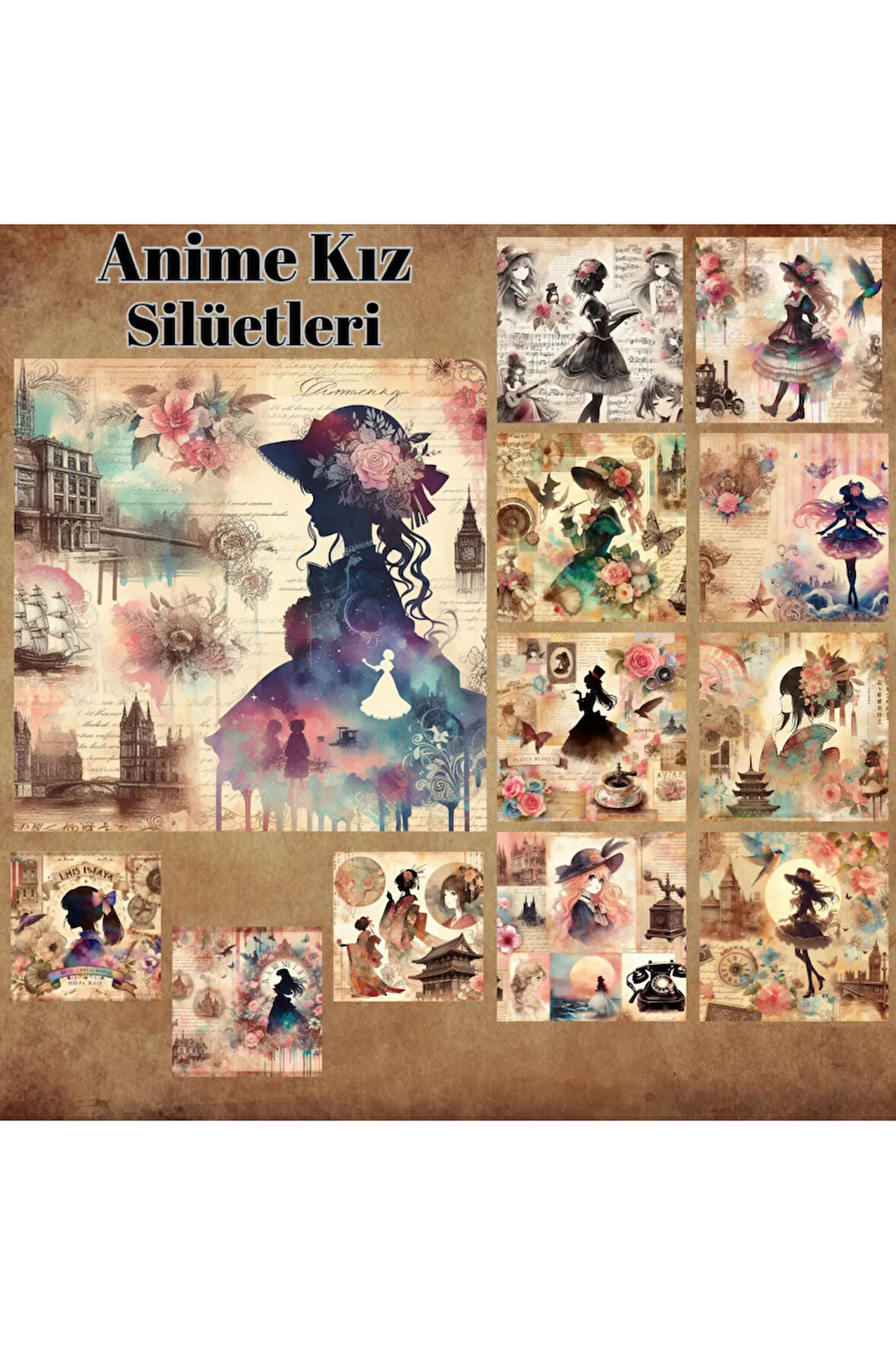 Anime Kız Silüetleri Vintage 12 Adet Scrapbook Bullet Journal Mat Planlayıcı Sticker Etiket Seti