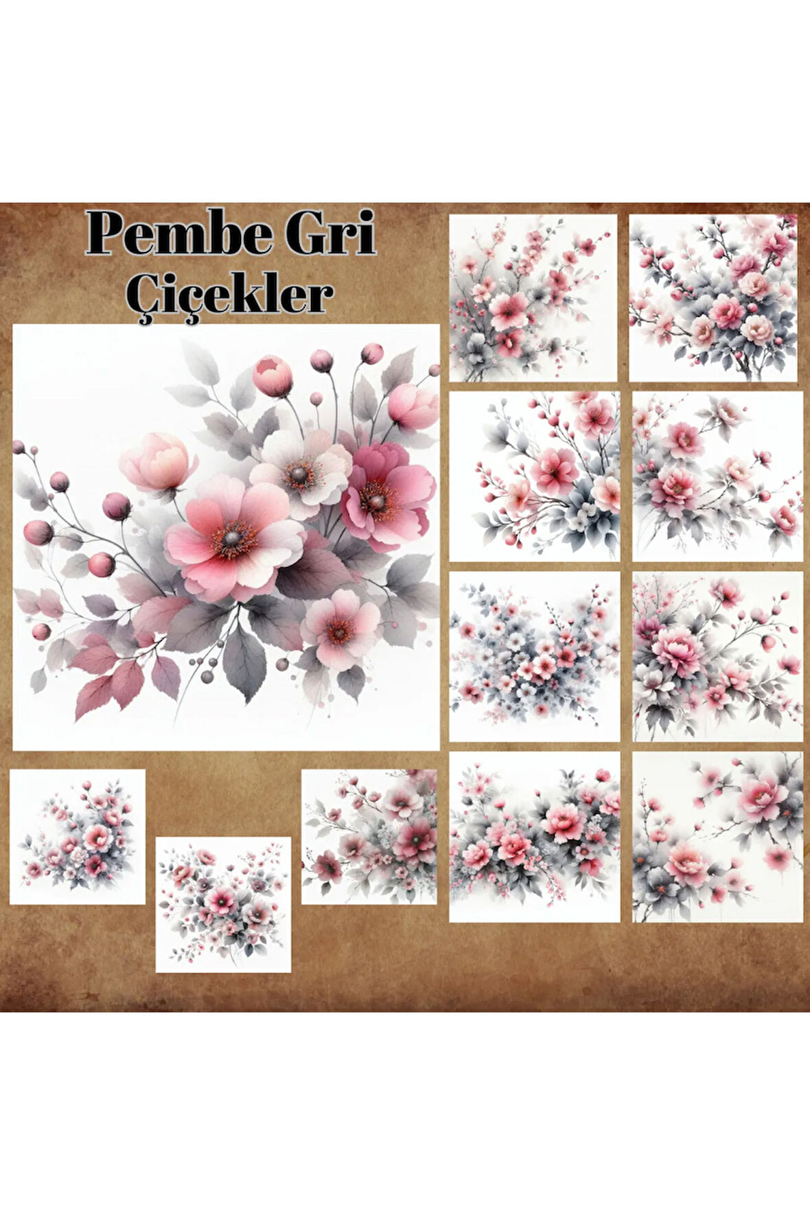 Pembe Gri Çiçekler Vintage 12 Adet Scrapbook Bullet Journal Mat Planlayıcı Sticker Etiket Seti