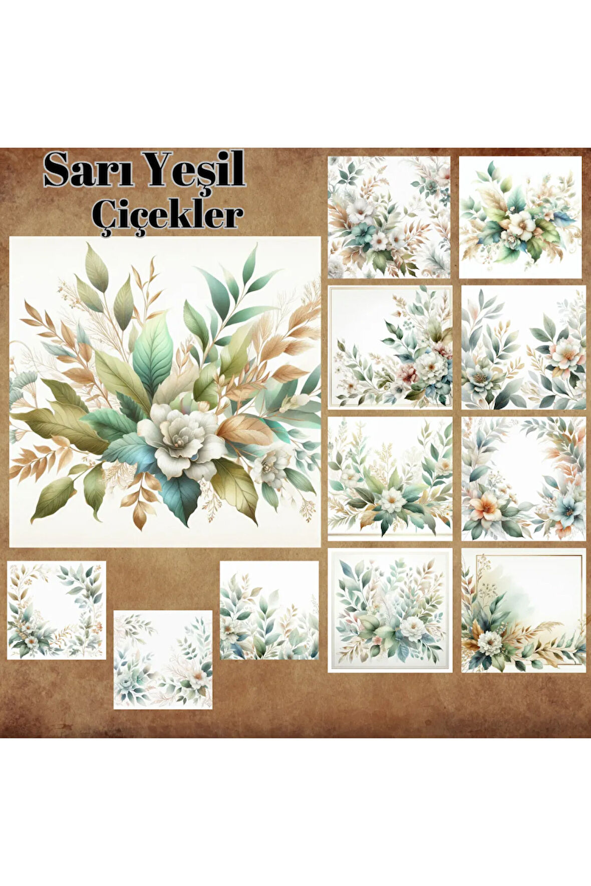 Sarı Yeşil Çiçekler Yapraklar Vintage 12 Adet Scrapbook Bullet Journal Mat Planlayıcı Sticker Seti