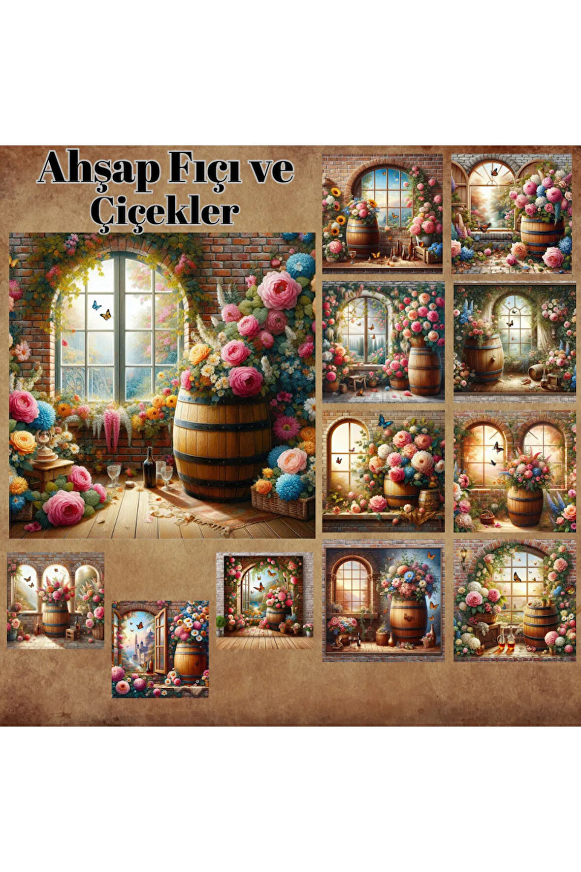 Ahşap Fıçı Ve Çiçekler Vintage 12 Adet Scrapbook Bullet Journal Mat Planlayıcı Sticker Etiket Seti
