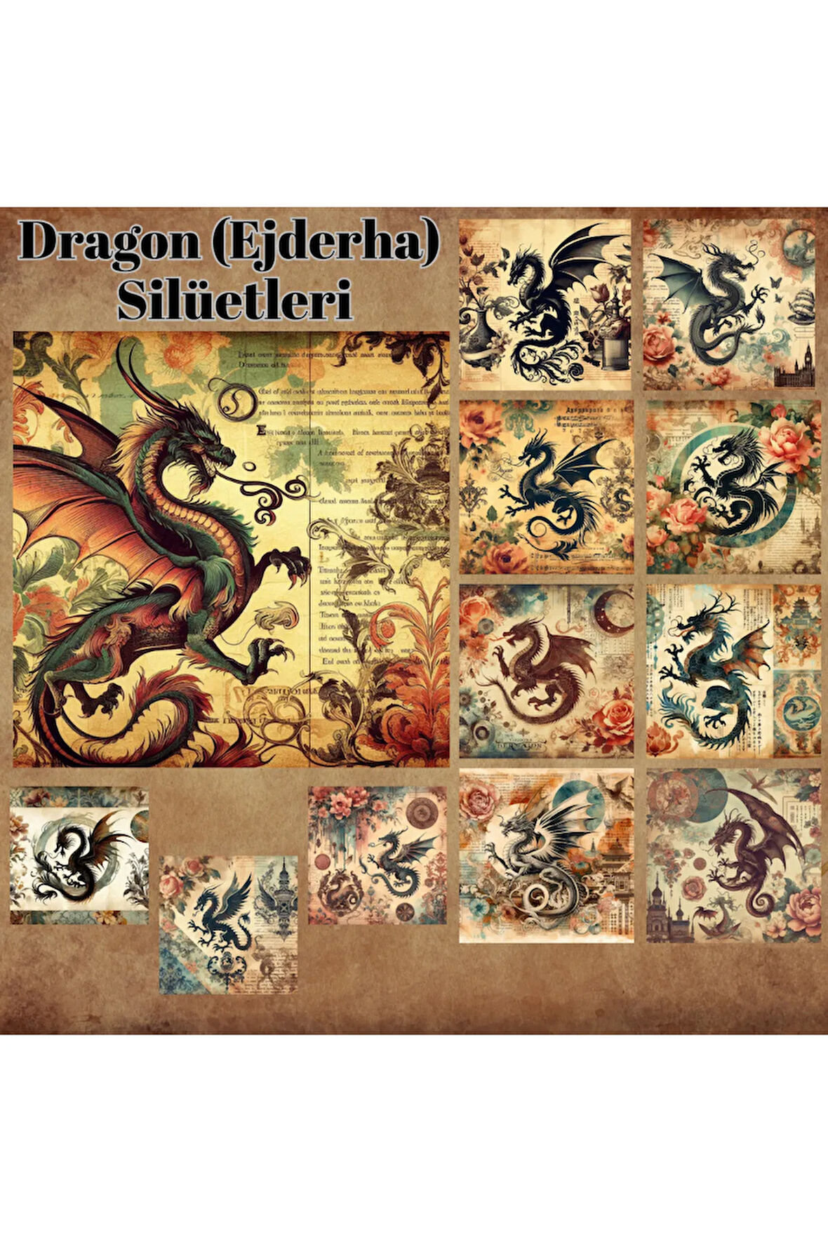 Dragon Ejderha Silüetleri Vintage 12 Adet Scrapbook Bullet Journal Mat Sticker Etiket Seti