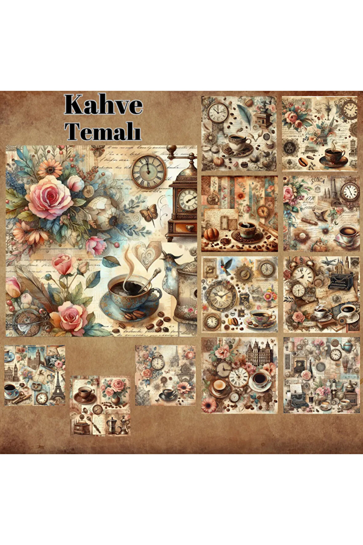 Kahve Temalı Kolaj Vintage 12 Adet Scrapbook Bullet Journal Mat Planlayıcı Sticker Etiket Seti