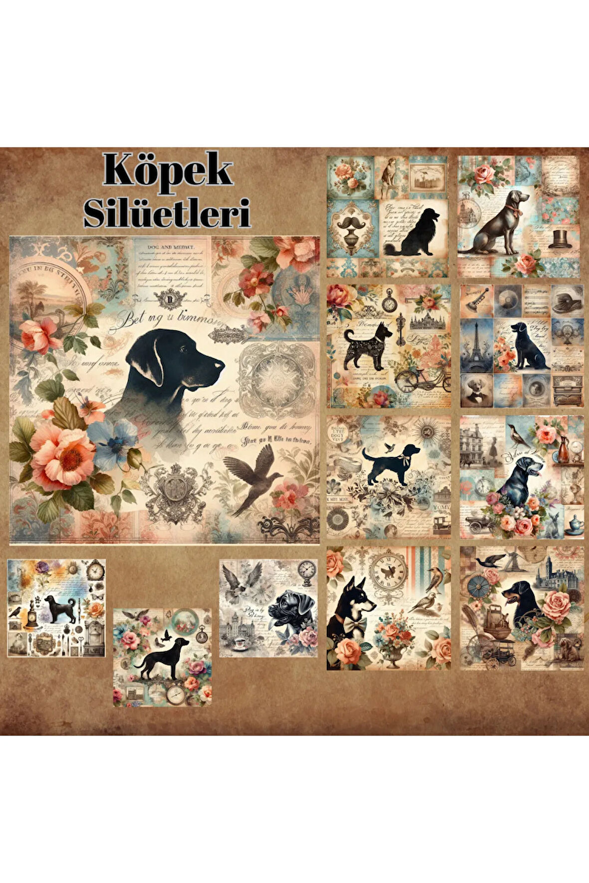 Köpek Silüetleri Vintage 12 Adet Scrapbook Bullet Journal Mat Planlayıcı Sticker Etiket Seti
