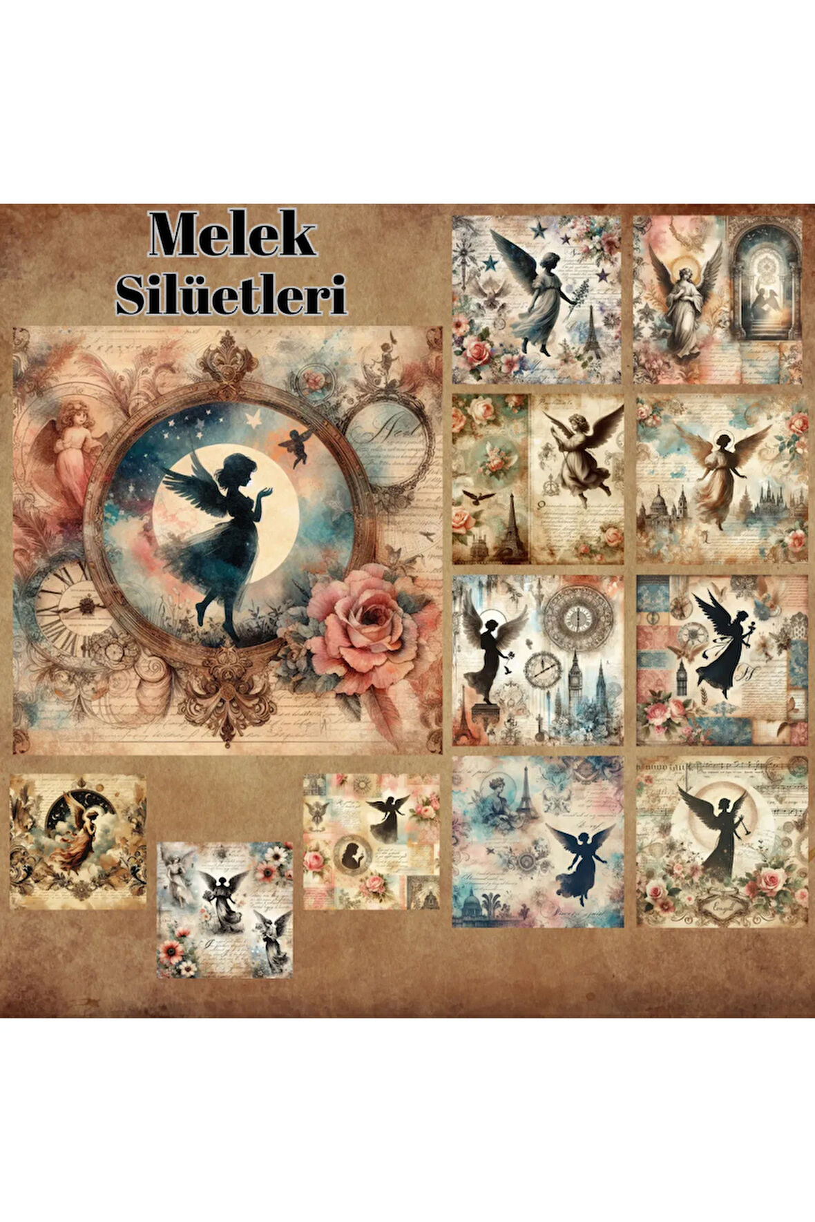 Melek Silüetleri Vintage 12 Adet Scrapbook Bullet Journal Mat Planlayıcı Sticker Etiket Seti