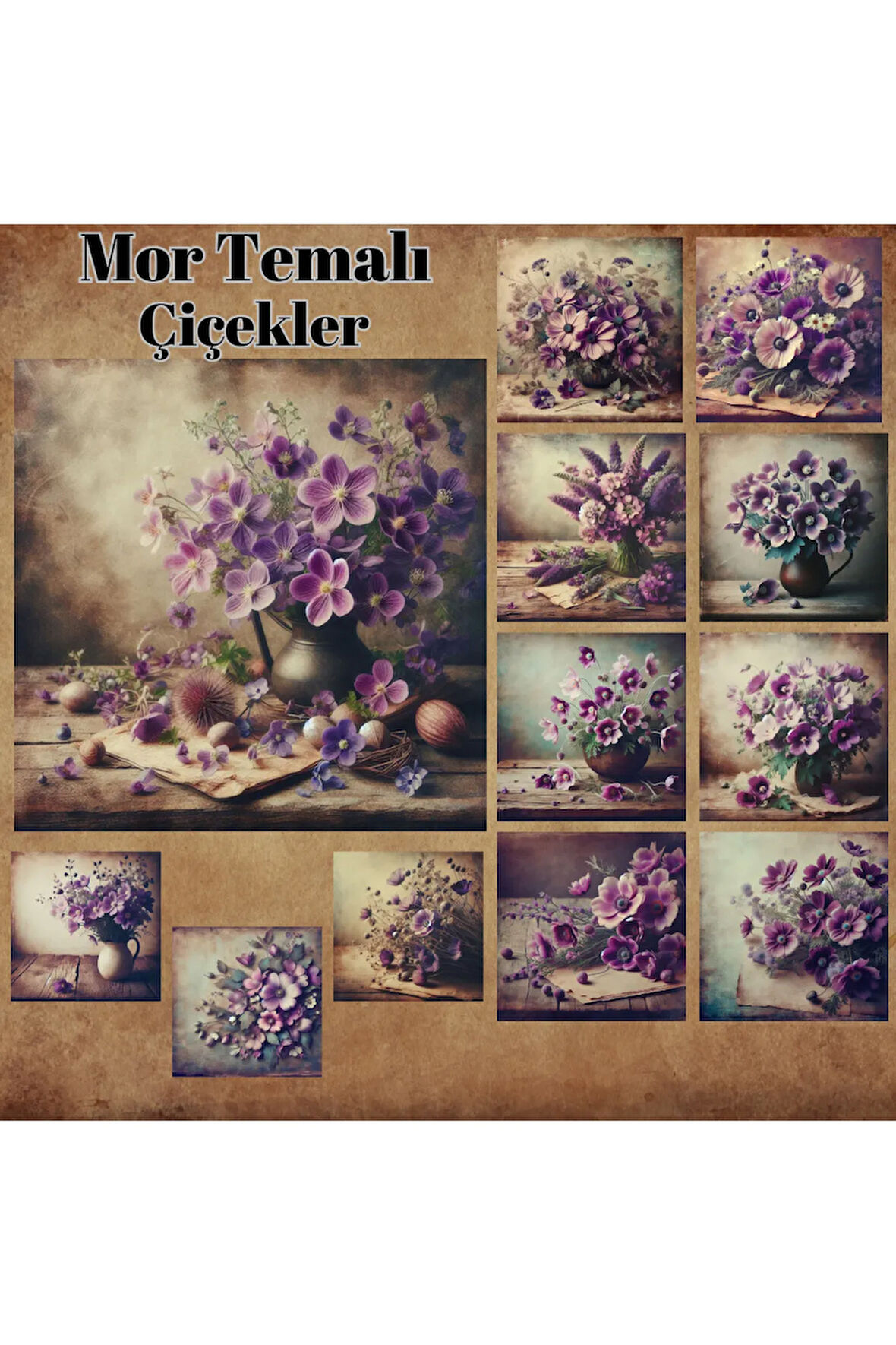 Mor Temalı Çiçekler Vintage 12 Adet Scrapbook Bullet Journal Mat Planlayıcı Sticker Etiket Seti