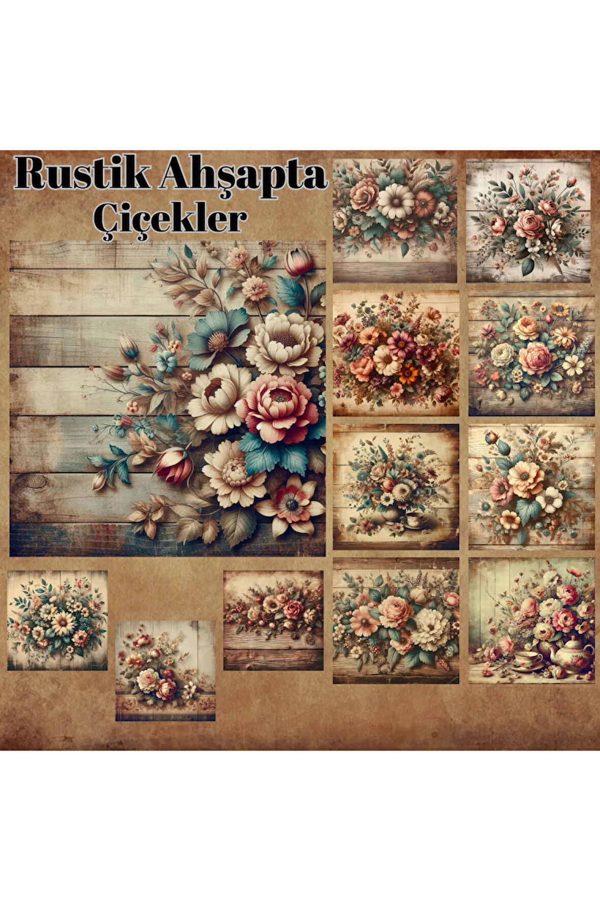 Rustik Ahşapta Çiçekler Vintage 12 Adet Scrapbook Bullet Journal Mat Planlayıcı Sticker Etiket Seti